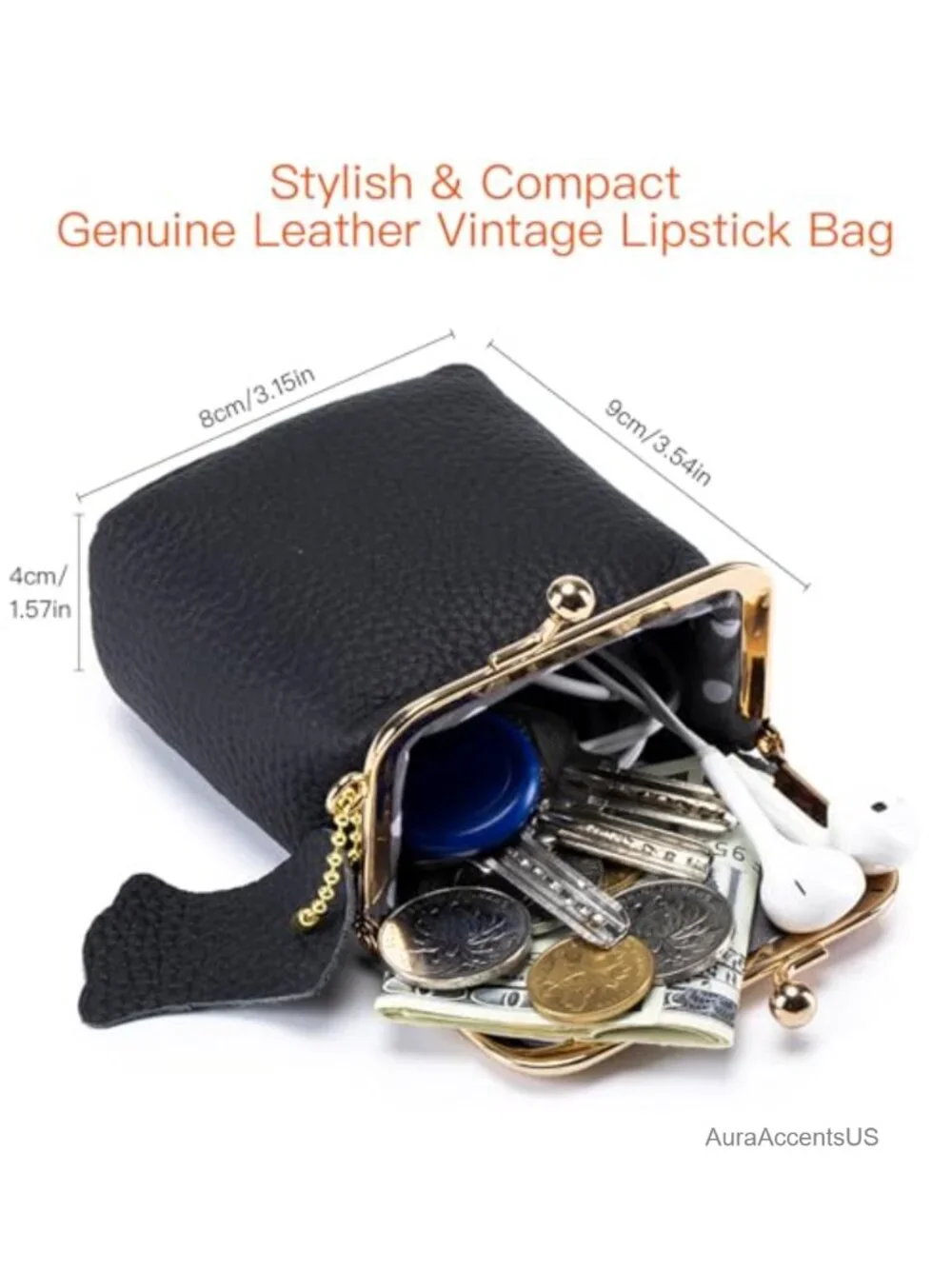 Genuine Leather Vintage Kiss-Lock Coin Purse Travel Jewelry Organizer